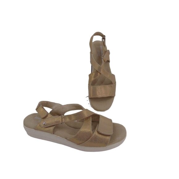 Grasshoppers Leah Two Strap Sandals 9.5 W Wide Gold Linen Textile Shoes - Picture 11 of 14